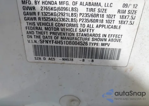 2013 Honda Pilot Ex-L из США, поврежденный, VIN 5FNYF4H51DB004526